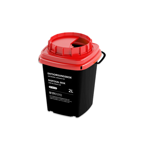 UNIGLOVES  Kanülen Entsorgungsbox/ Abwurfbehälter, eckig, schwarz/ rot, 2,0 Liter